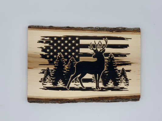 Basswood Live-edge American Flag + Deer Design