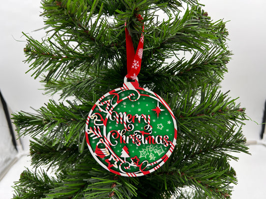 Christmas Ornament - 2 layer Merry Christmas Candy Cane front + Green engraved back