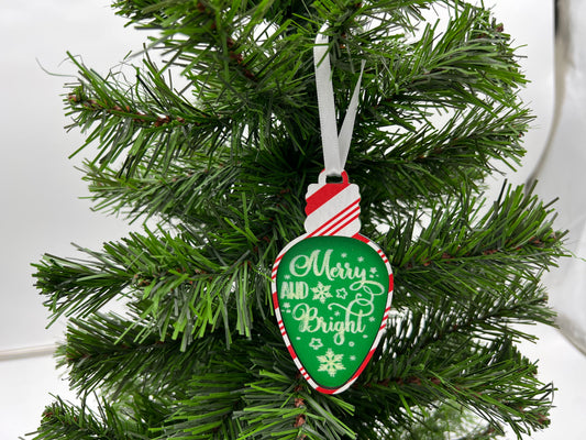 Christmas Ornament - 2 layer Merry and Bright Blub Candy Cane front + Green engraved back