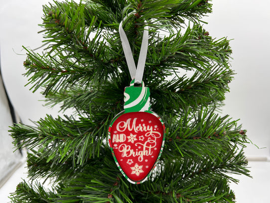 Christmas Ornament - 2 layer Merry and Bright Blub Green Swirl front + Red engraved back