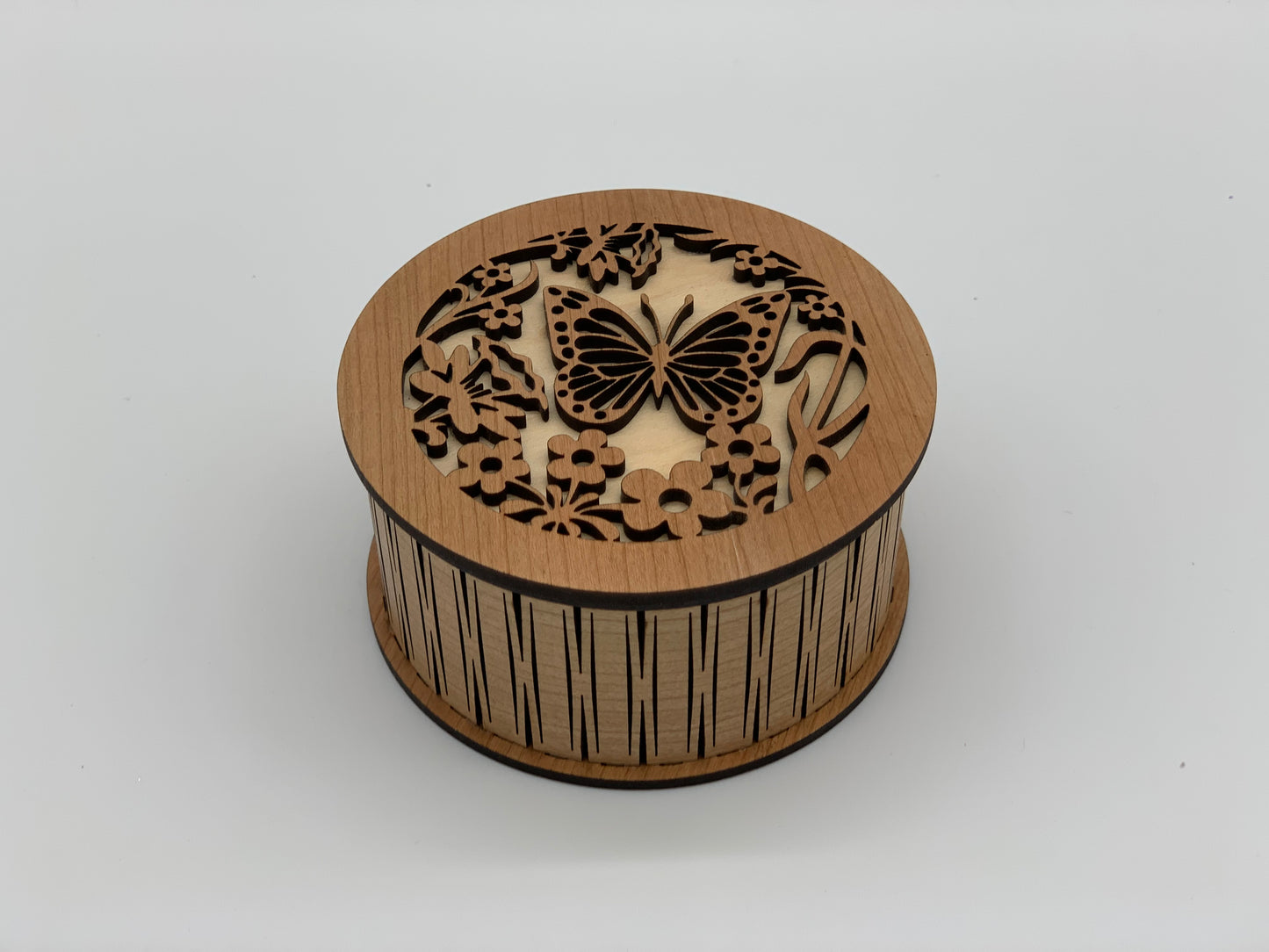 Round Box: Butterfly Design - Cherry w/Maple Accent