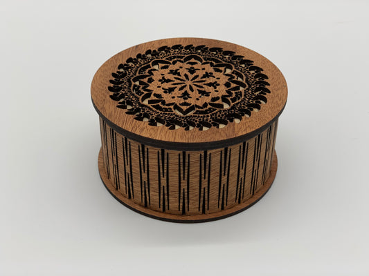 Round Box w/ Mandala Design.  Cut from Mahogany w/maple accents